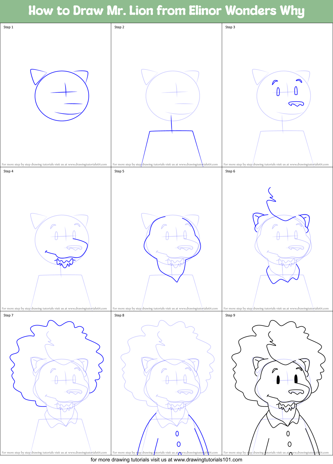 How to Draw Mr. Lion from Elinor Wonders Why Printable Step by Step
