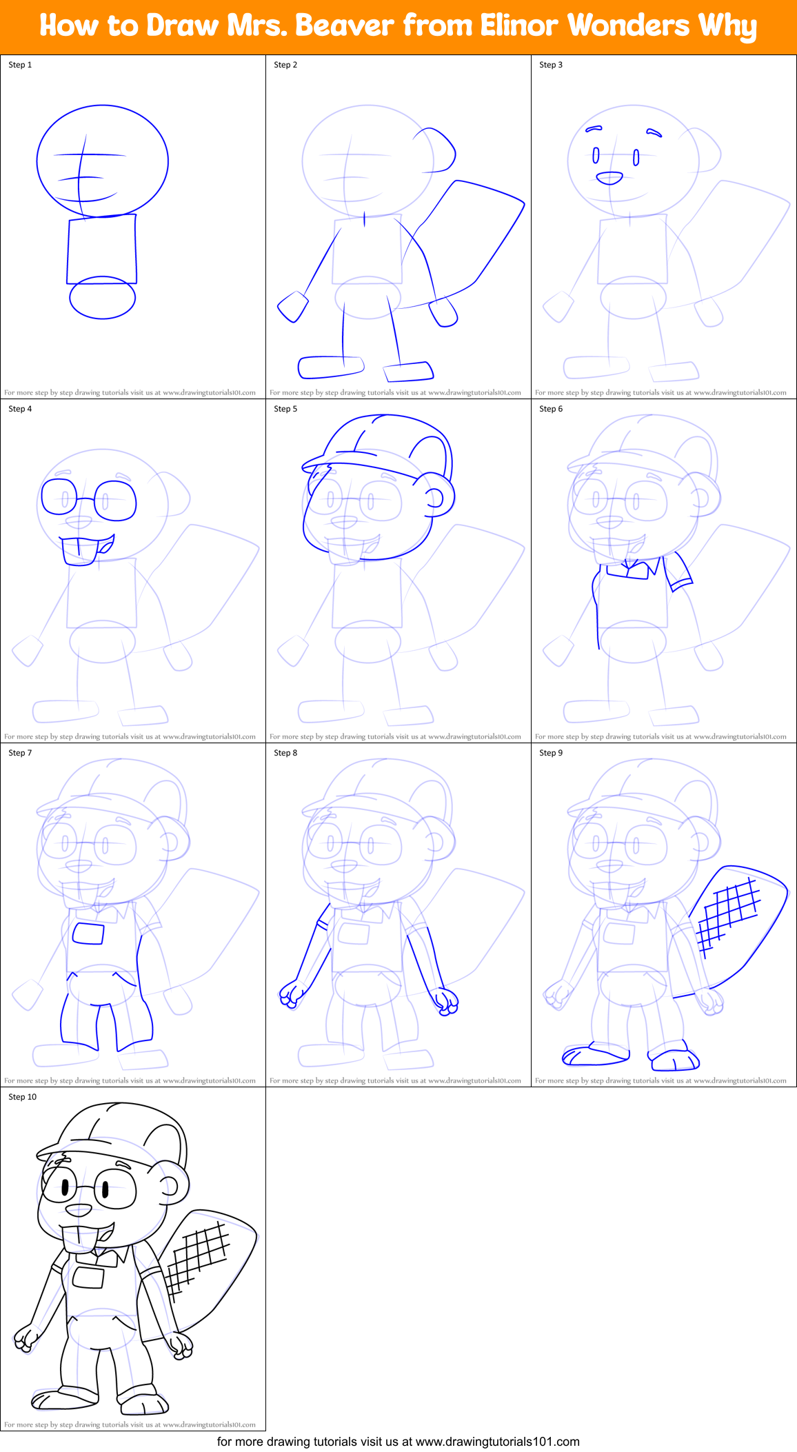 How to Draw Mrs. Beaver from Elinor Wonders Why Printable Step by Step