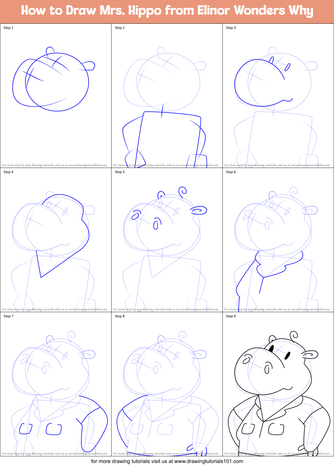 How to Draw Mrs. Hippo from Elinor Wonders Why Printable Step by Step