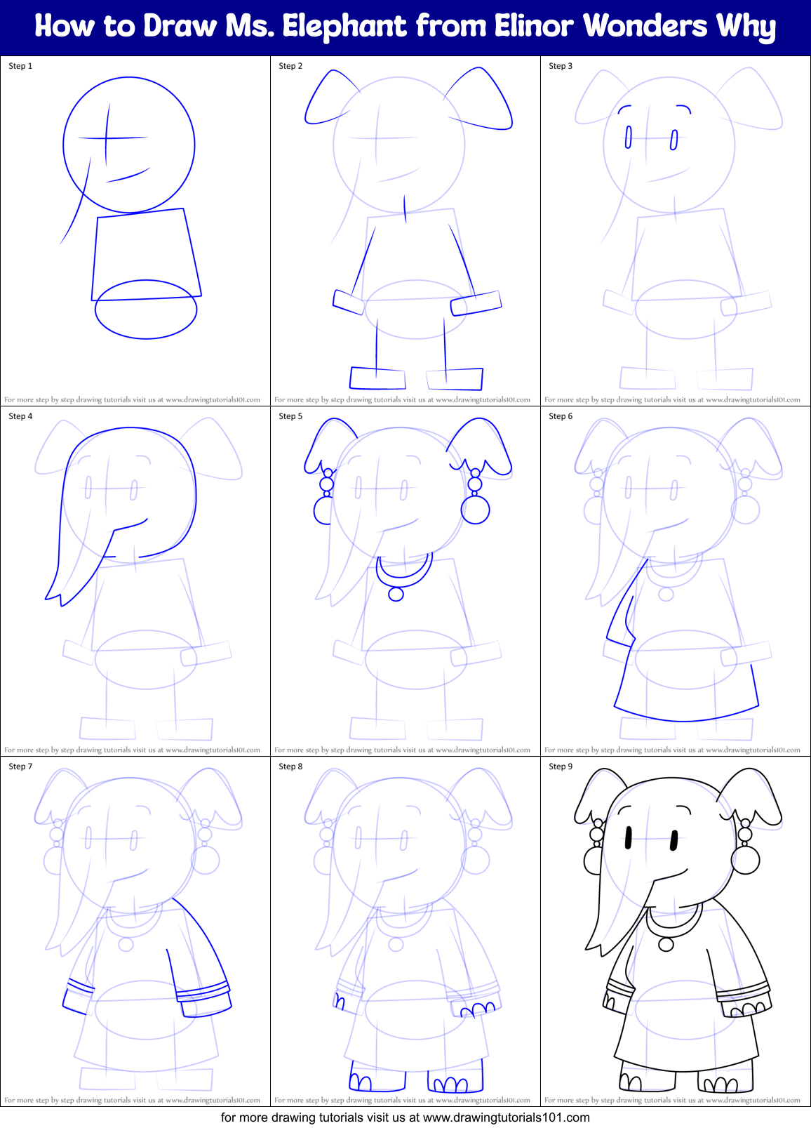 How to Draw Ms. Elephant from Elinor Wonders Why Printable Step by Step