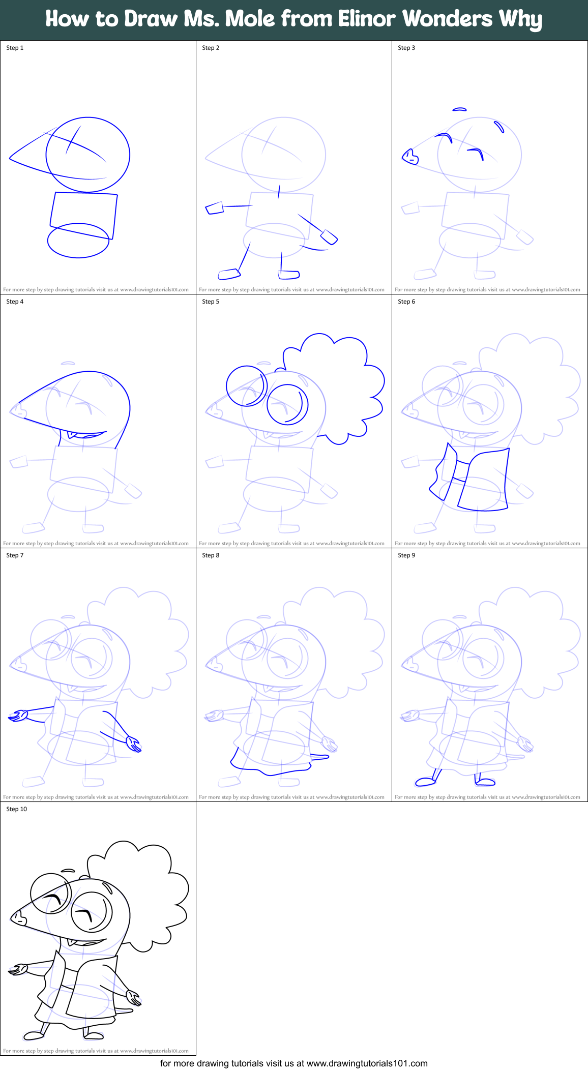 How to Draw Ms. Mole from Elinor Wonders Why Printable Step by Step