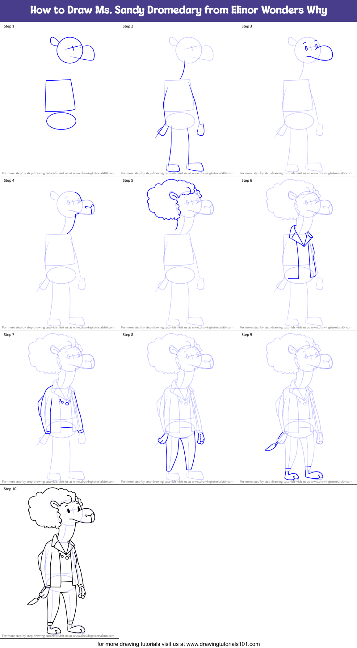 How to Draw Ms. Sandy Dromedary from Elinor Wonders Why Printable Step by Step