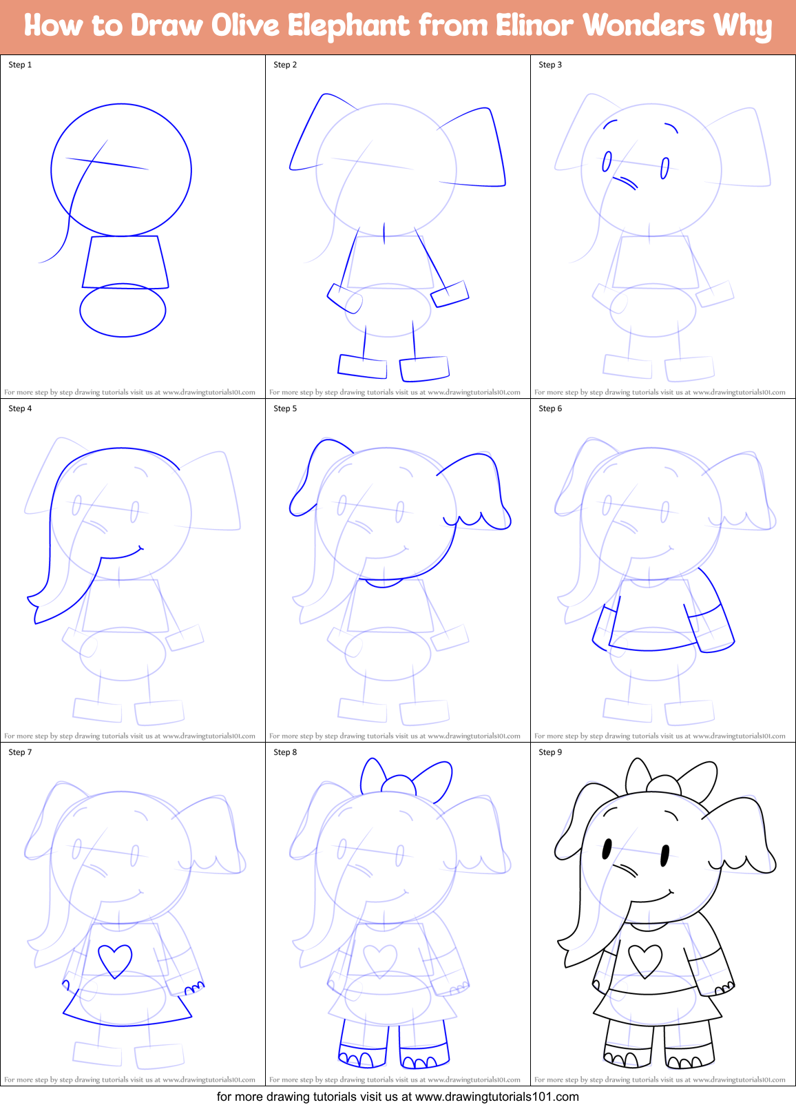 How to Draw Olive Elephant from Elinor Wonders Why Printable Step by Step