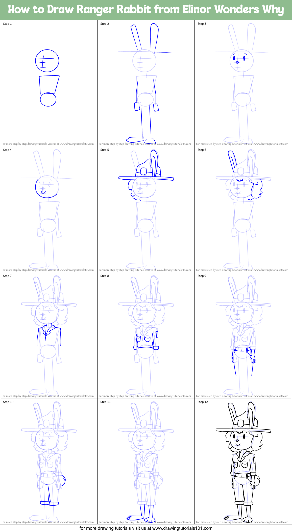 How to Draw Ranger Rabbit from Elinor Wonders Why Printable Step by Step