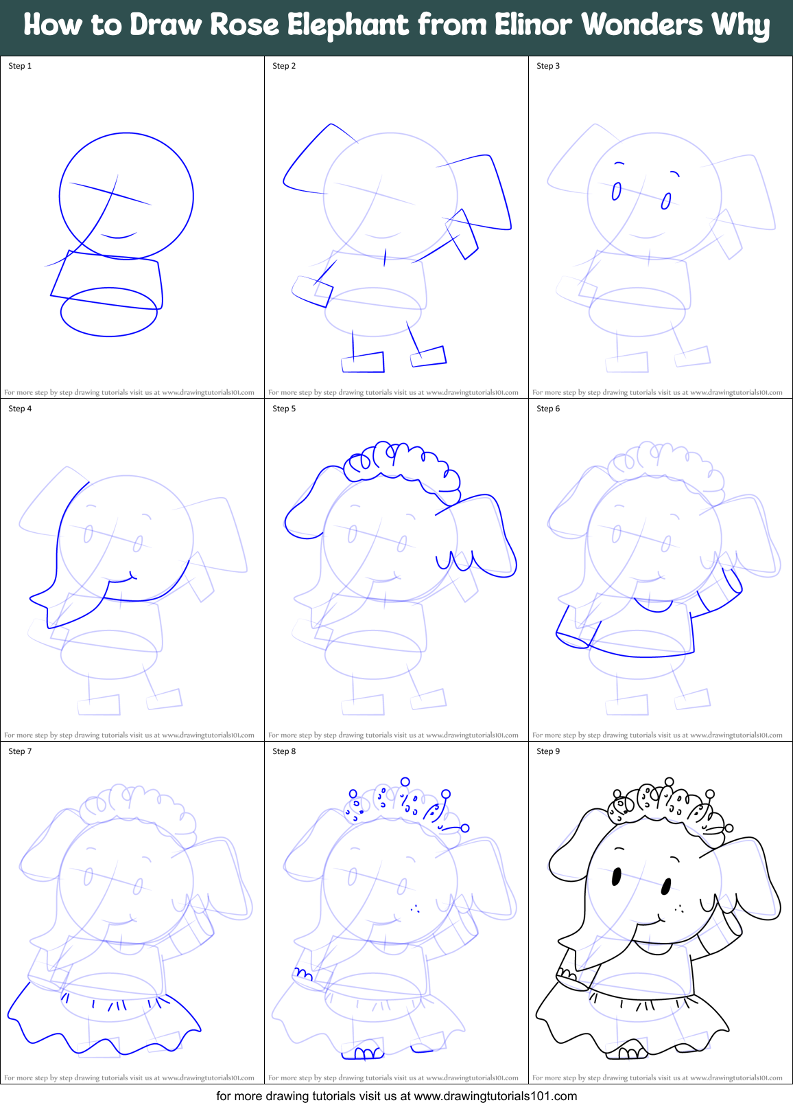 How to Draw Rose Elephant from Elinor Wonders Why Printable Step by Step