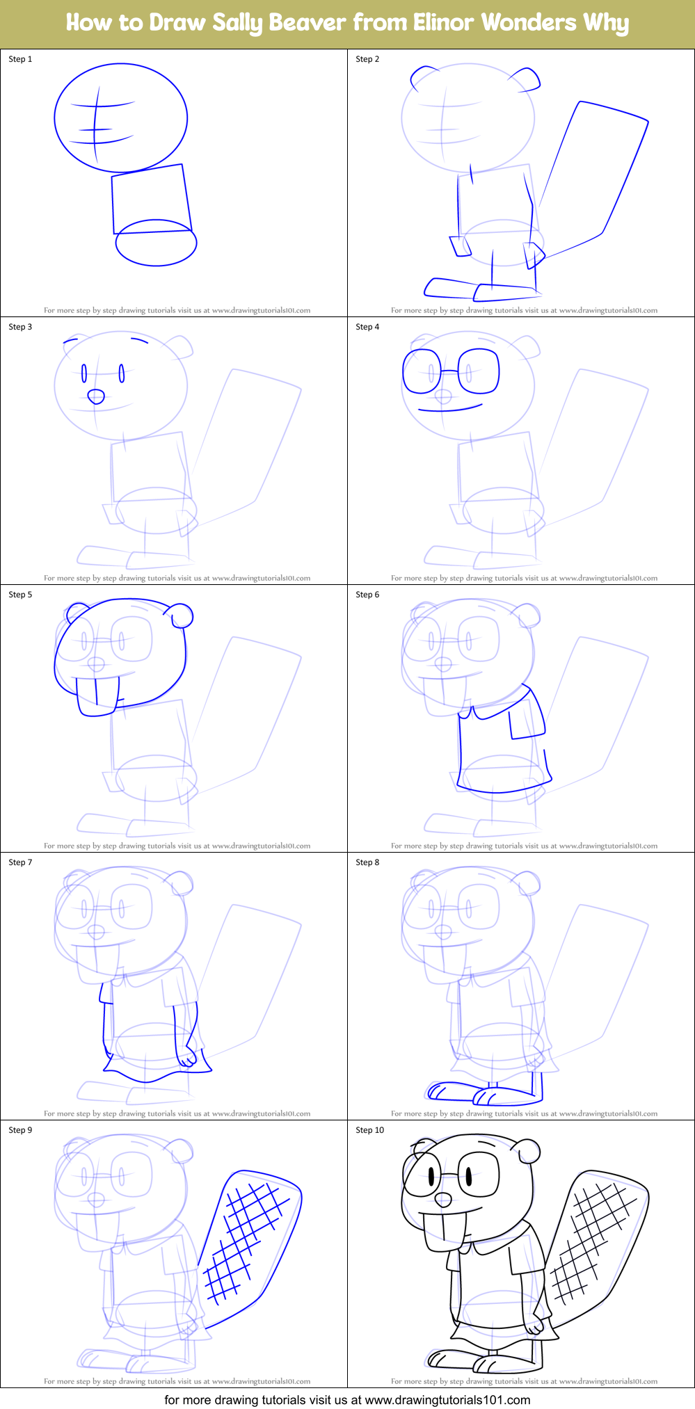 How to Draw Sally Beaver from Elinor Wonders Why Printable Step by Step