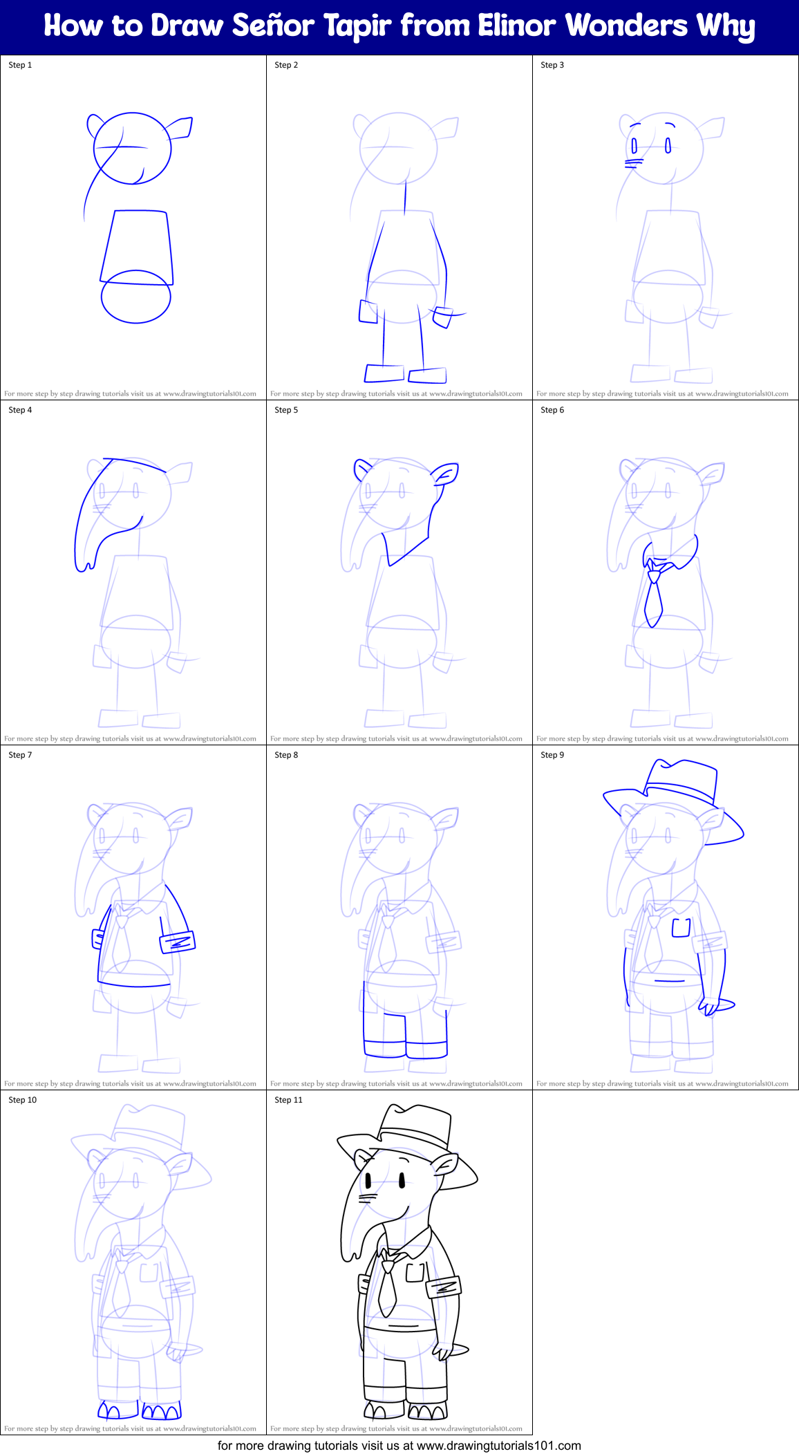 How to Draw Señor Tapir from Elinor Wonders Why Printable Step by Step