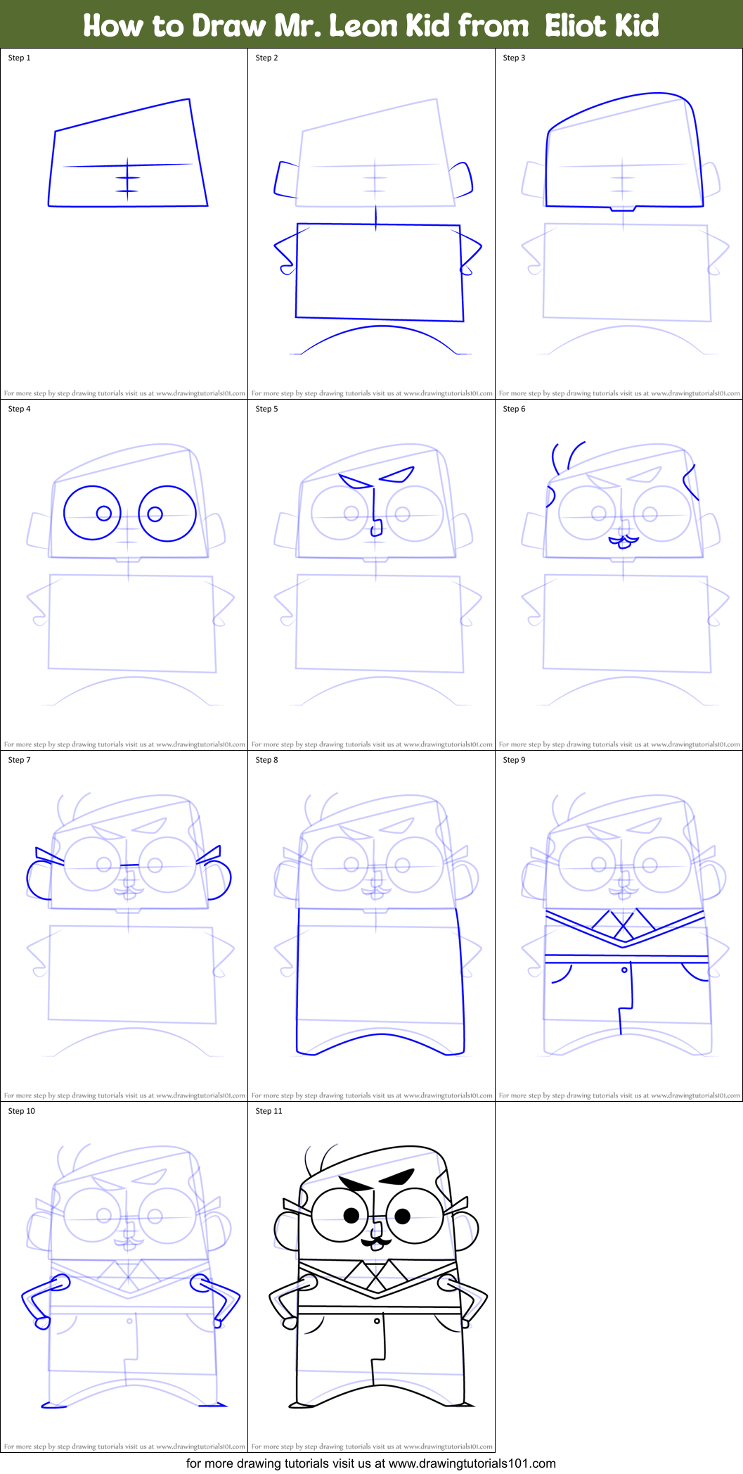 How to Draw Mr. Leon Kid from  Eliot Kid Printable Step by Step