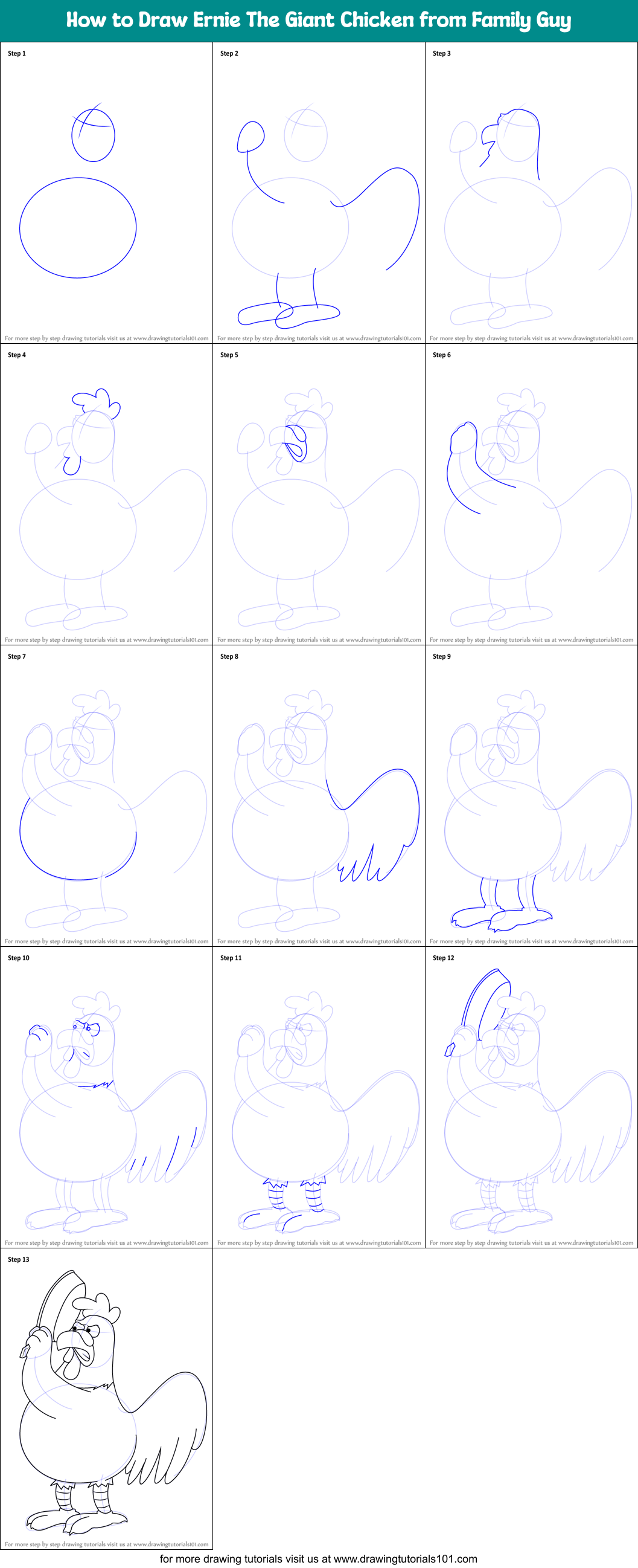 How to Draw Ernie The Giant Chicken from Family Guy Printable Step by Step