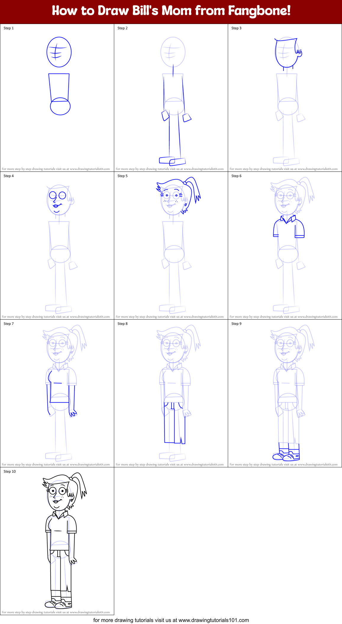 How to Draw Bill's Mom from Fangbone! Printable Step by Step