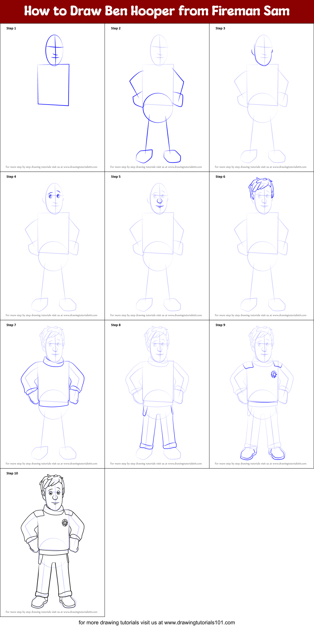 How to Draw Ben Hooper from Fireman Sam Printable Step by Step