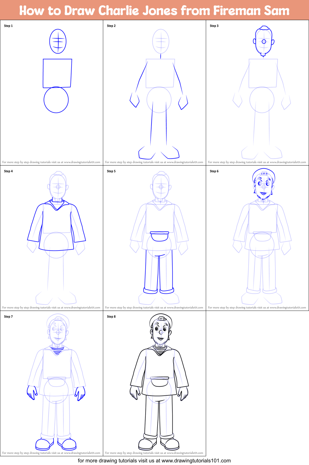 How to Draw Charlie Jones from Fireman Sam printable step by step