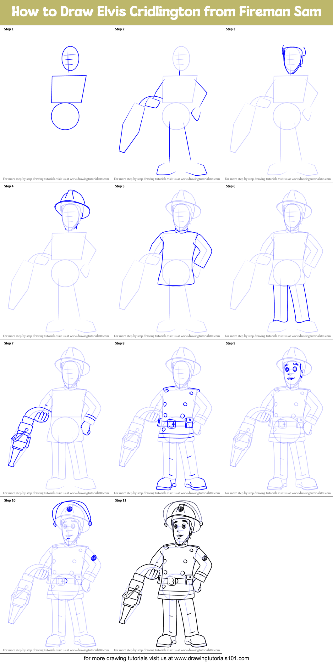 How to Draw Elvis Cridlington from Fireman Sam Printable Step by Step