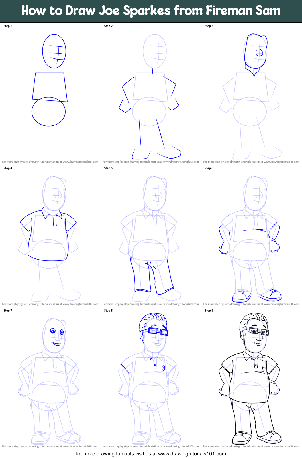 How to Draw Joe Sparkes from Fireman Sam Printable Step by Step
