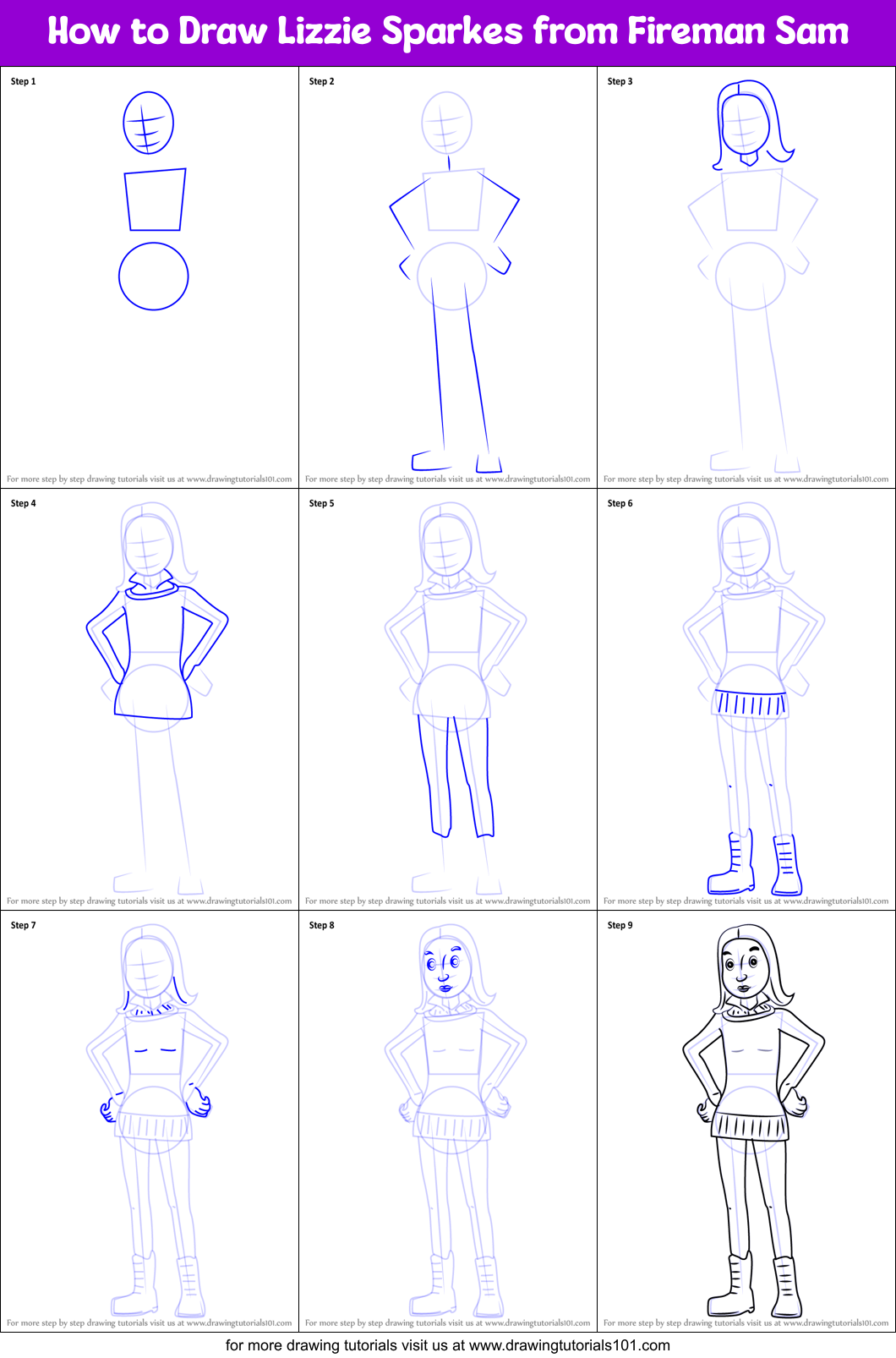 How to Draw Lizzie Sparkes from Fireman Sam Printable Step by Step