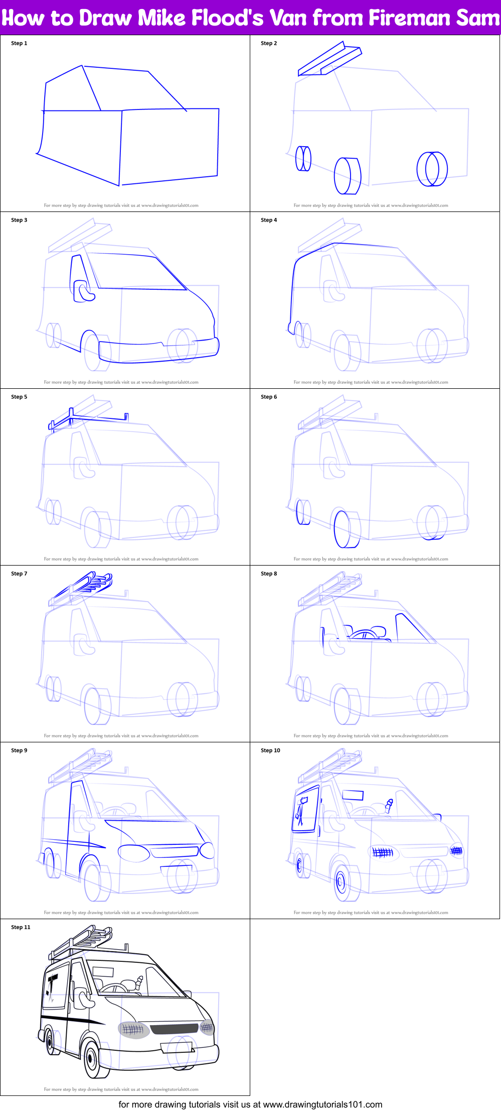 How to Draw Mike Flood's Van from Fireman Sam Printable Step by Step