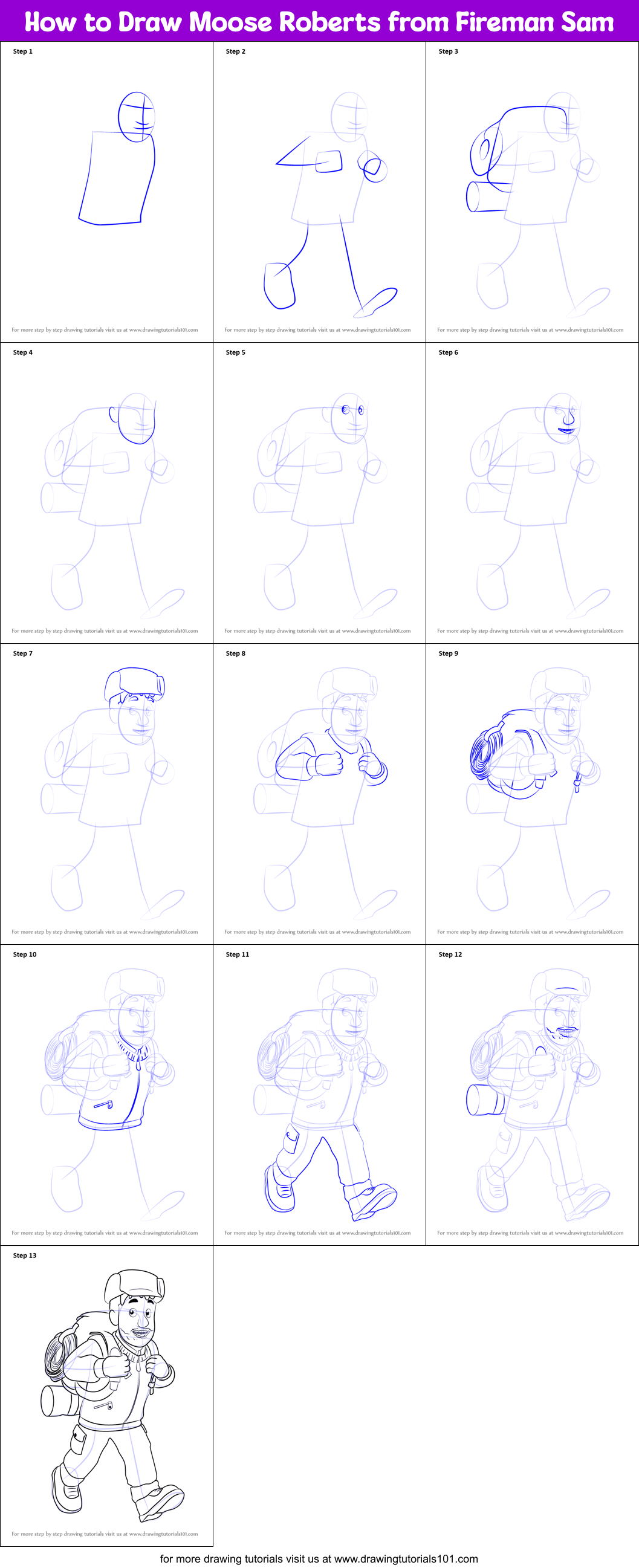 How to Draw Moose Roberts from Fireman Sam Printable Step by Step