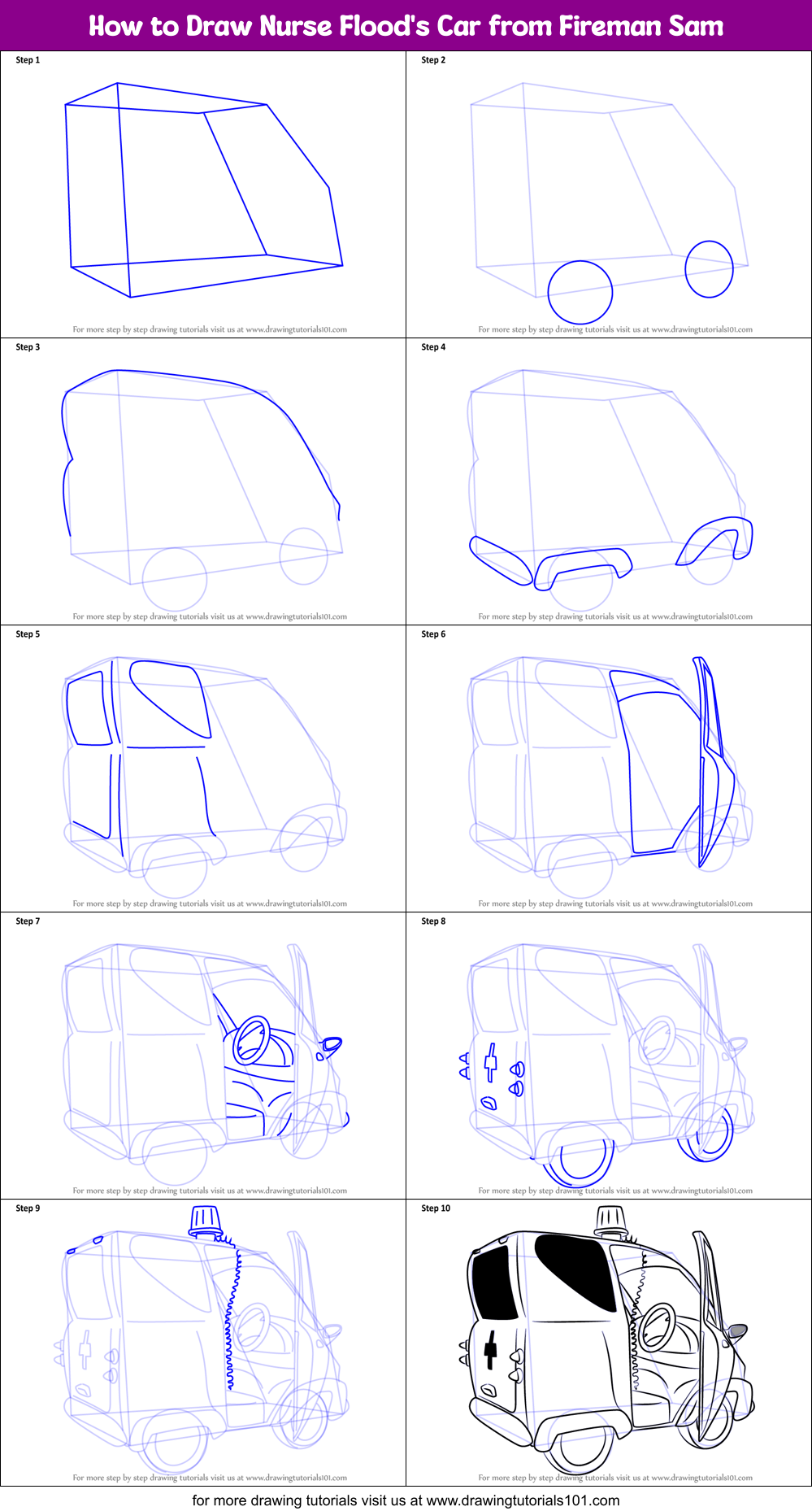 How to Draw Nurse Flood's Car from Fireman Sam Printable Step by Step