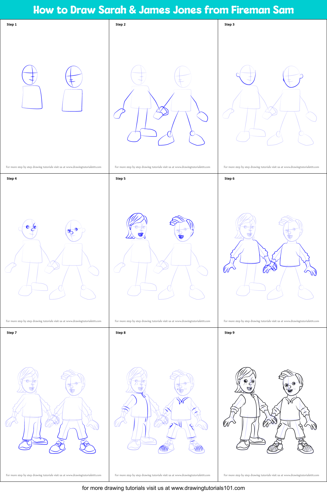 How to Draw Sarah & James Jones from Fireman Sam Printable Step by Step