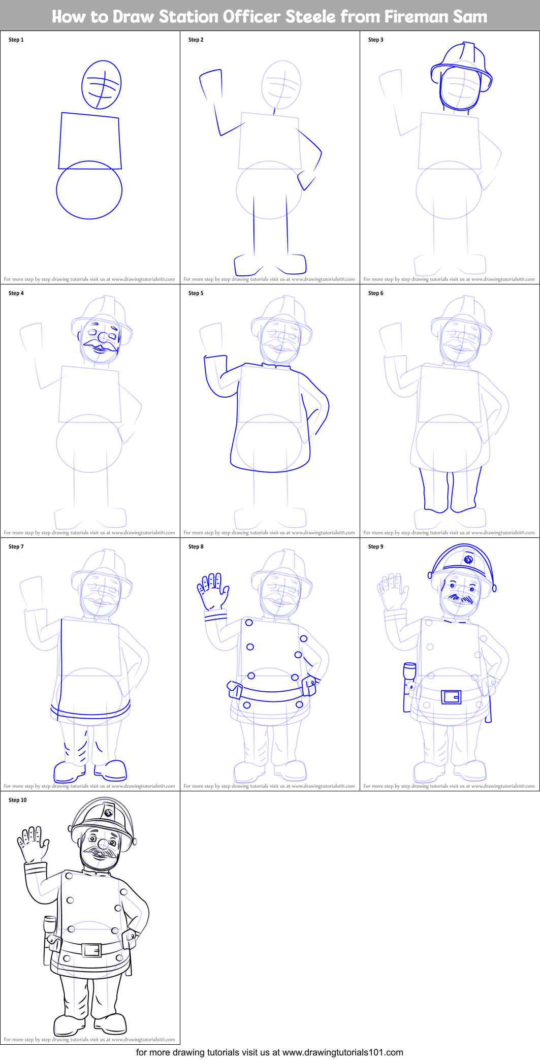How to Draw Station Officer Steele from Fireman Sam Printable Step by Step
