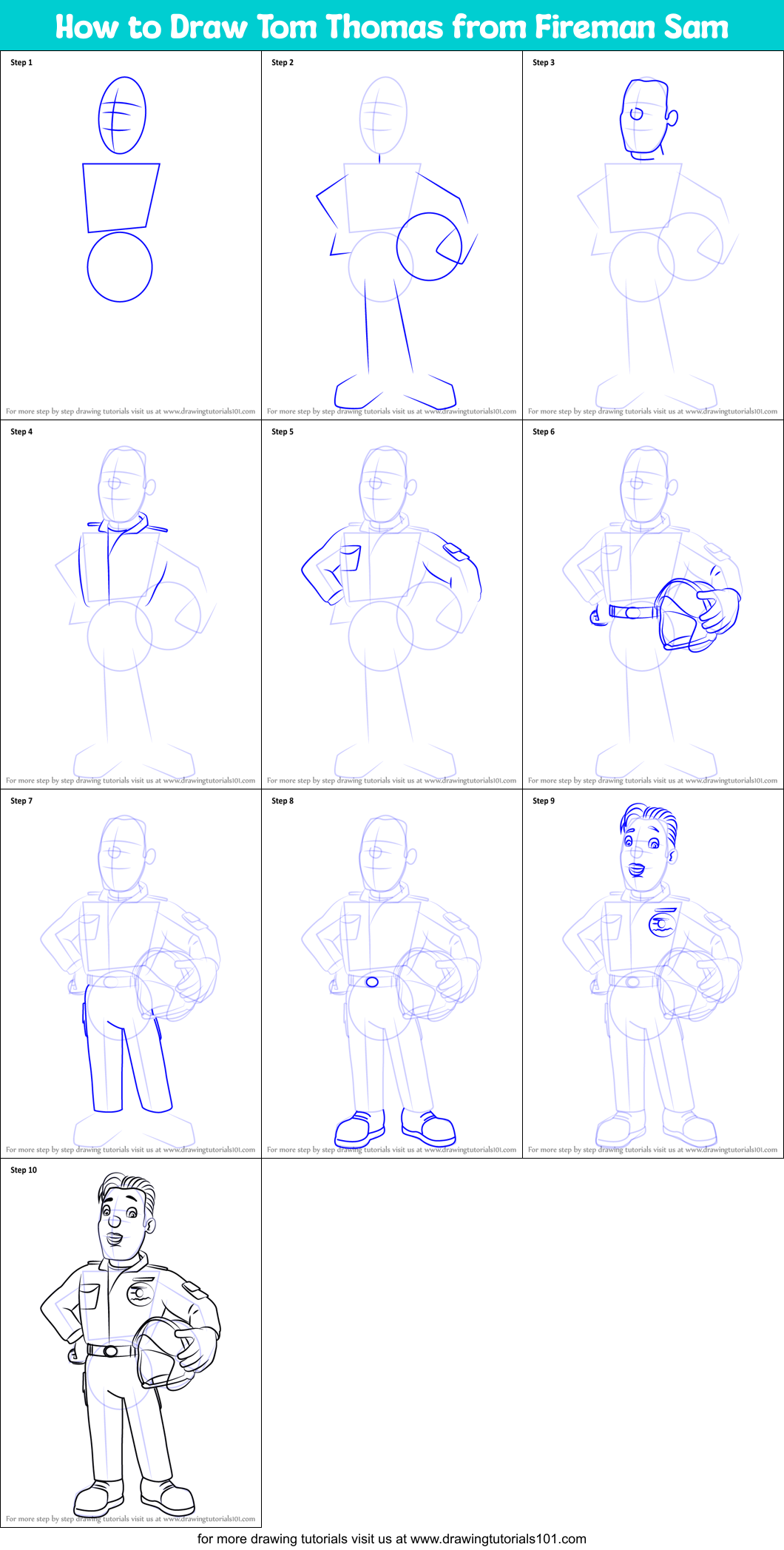 How to Draw Tom Thomas from Fireman Sam Printable Step by Step