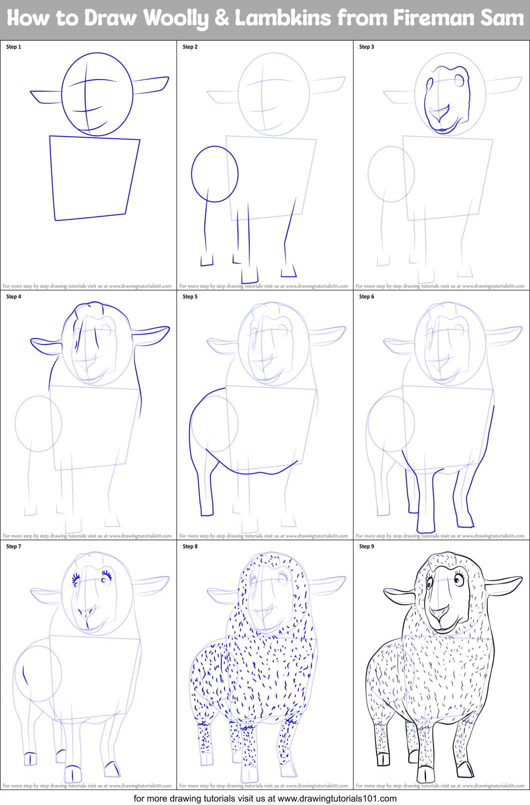 How to Draw Woolly & Lambkins from Fireman Sam Printable Step by Step