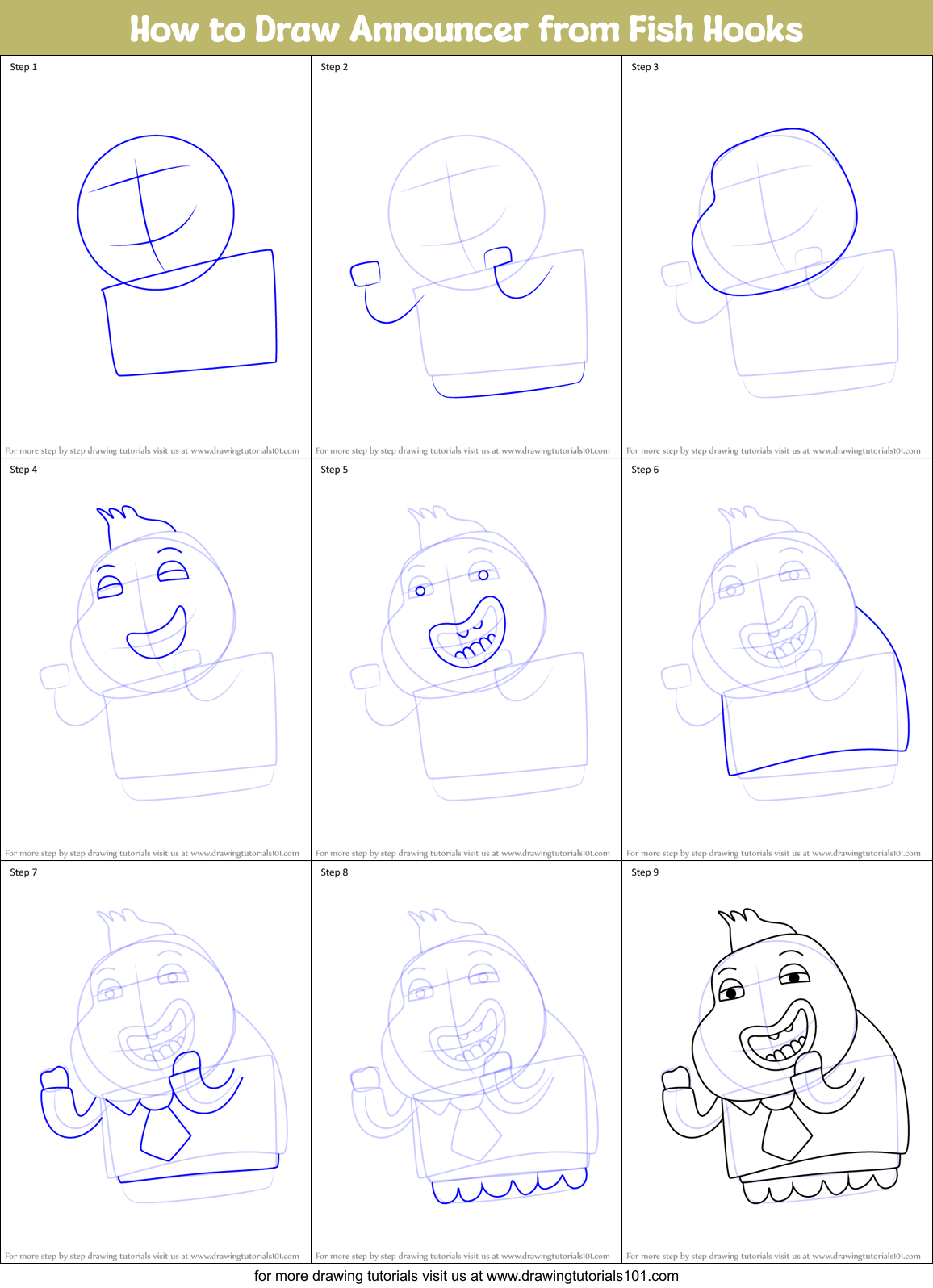 How to Draw Announcer from Fish Hooks Printable Step by Step