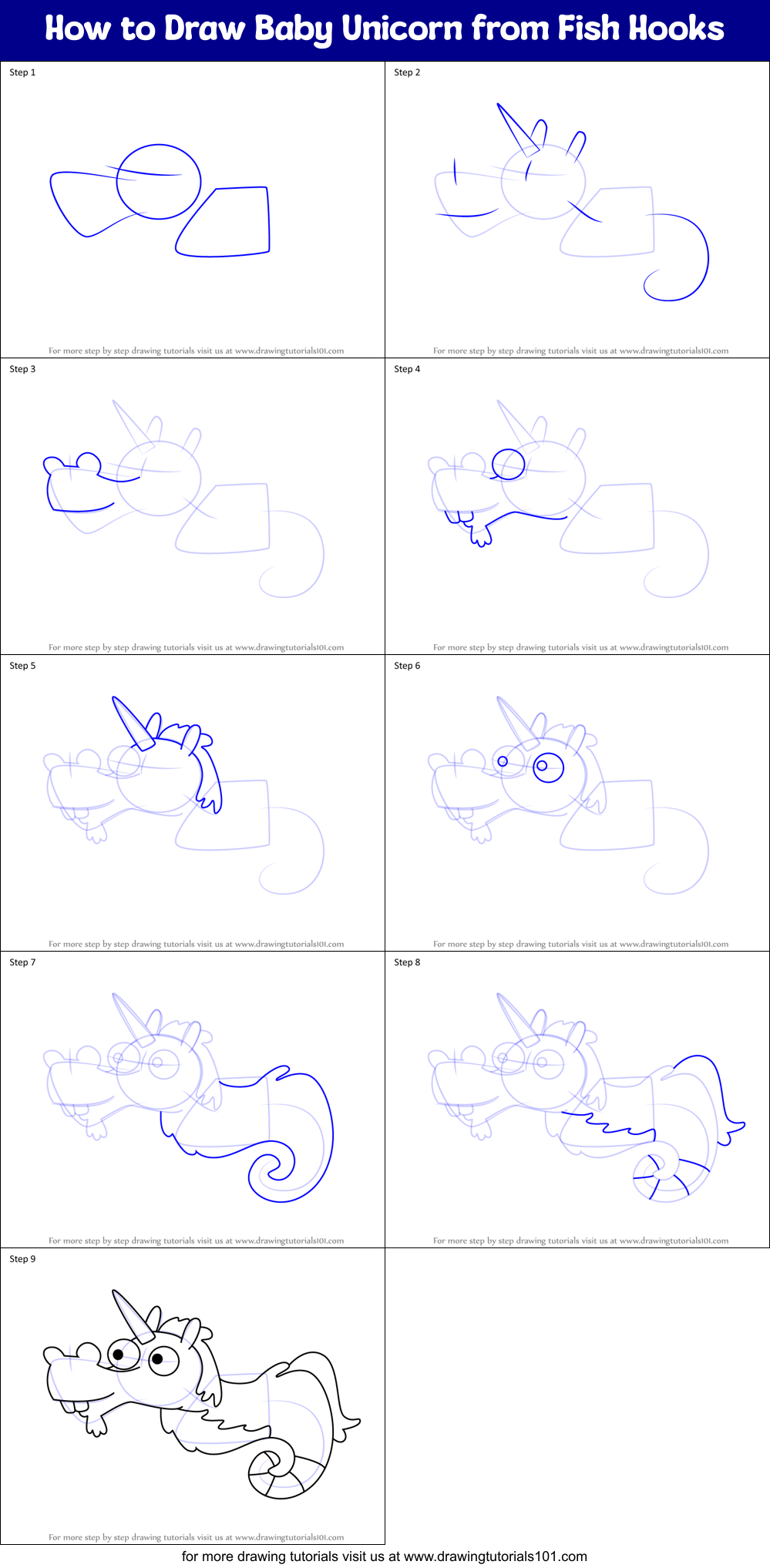 How to Draw Baby Unicorn from Fish Hooks Printable Step by Step