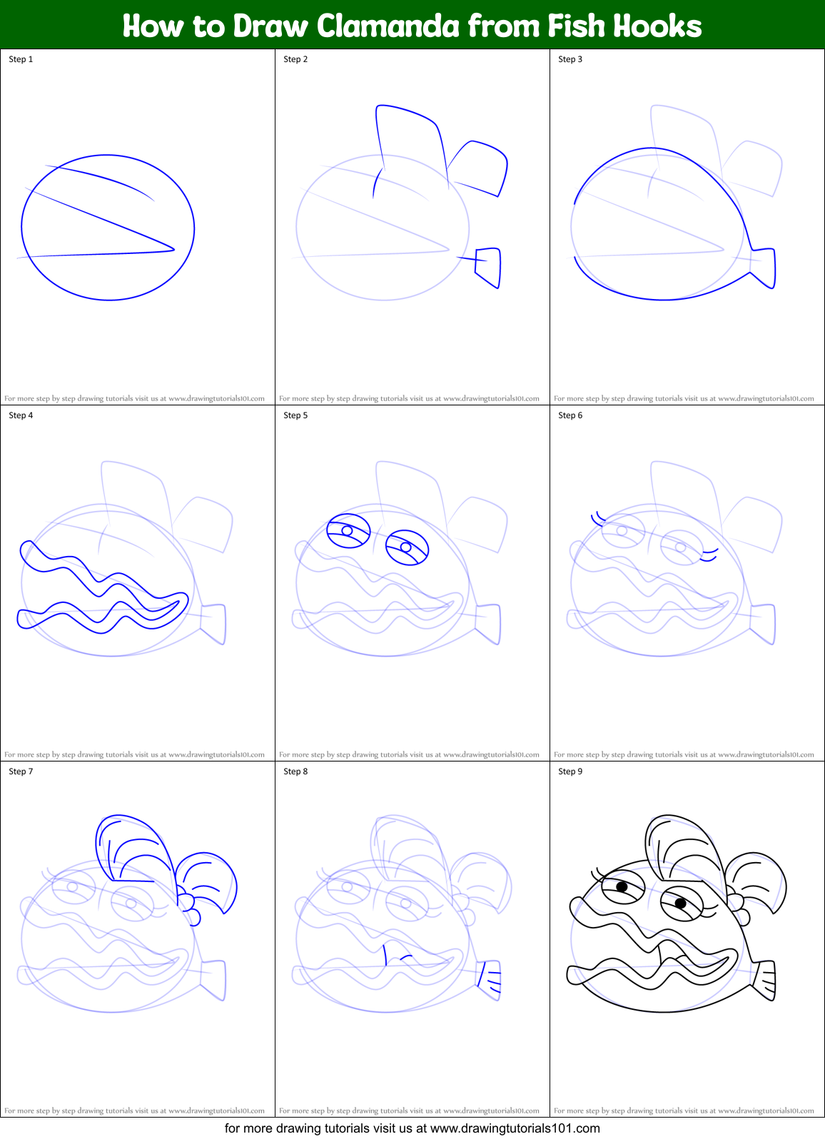 How to Draw Clamanda from Fish Hooks Printable Step by Step