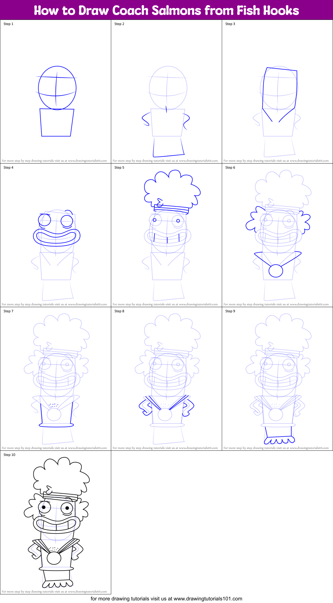 How to Draw Coach Salmons from Fish Hooks Printable Step by Step