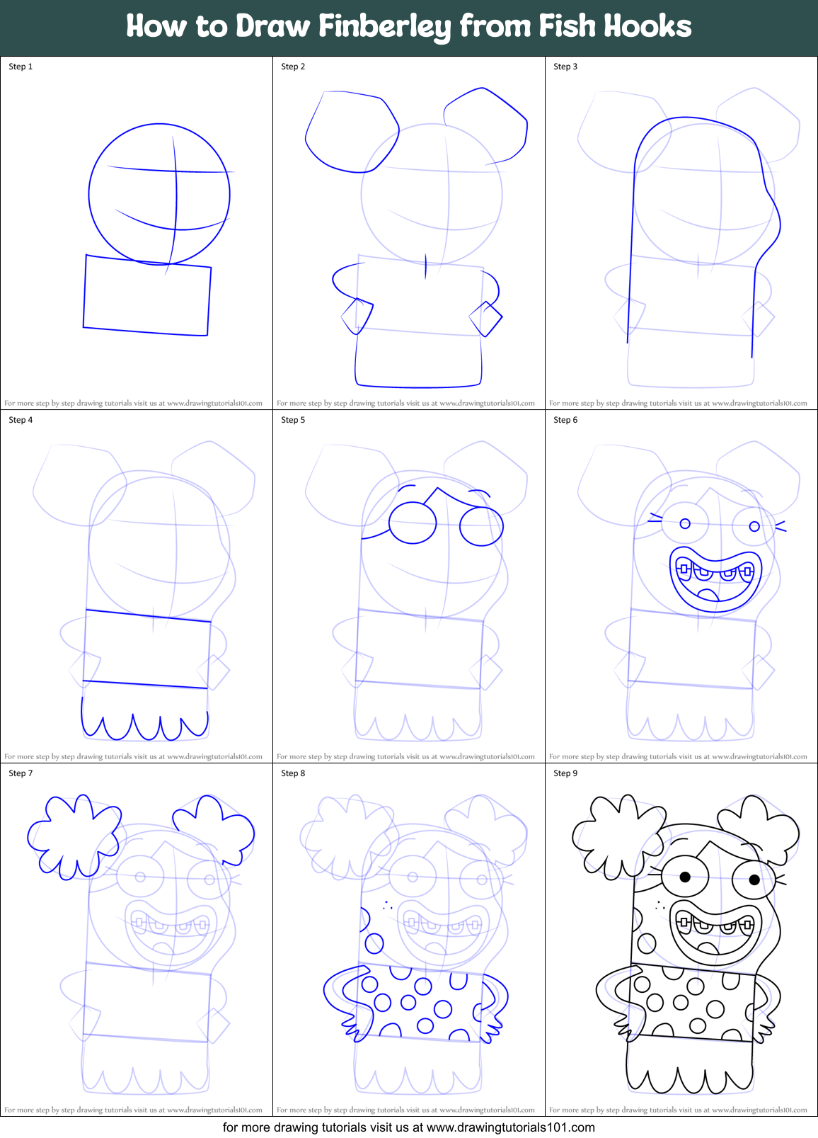 How to Draw Finberley from Fish Hooks Printable Step by Step