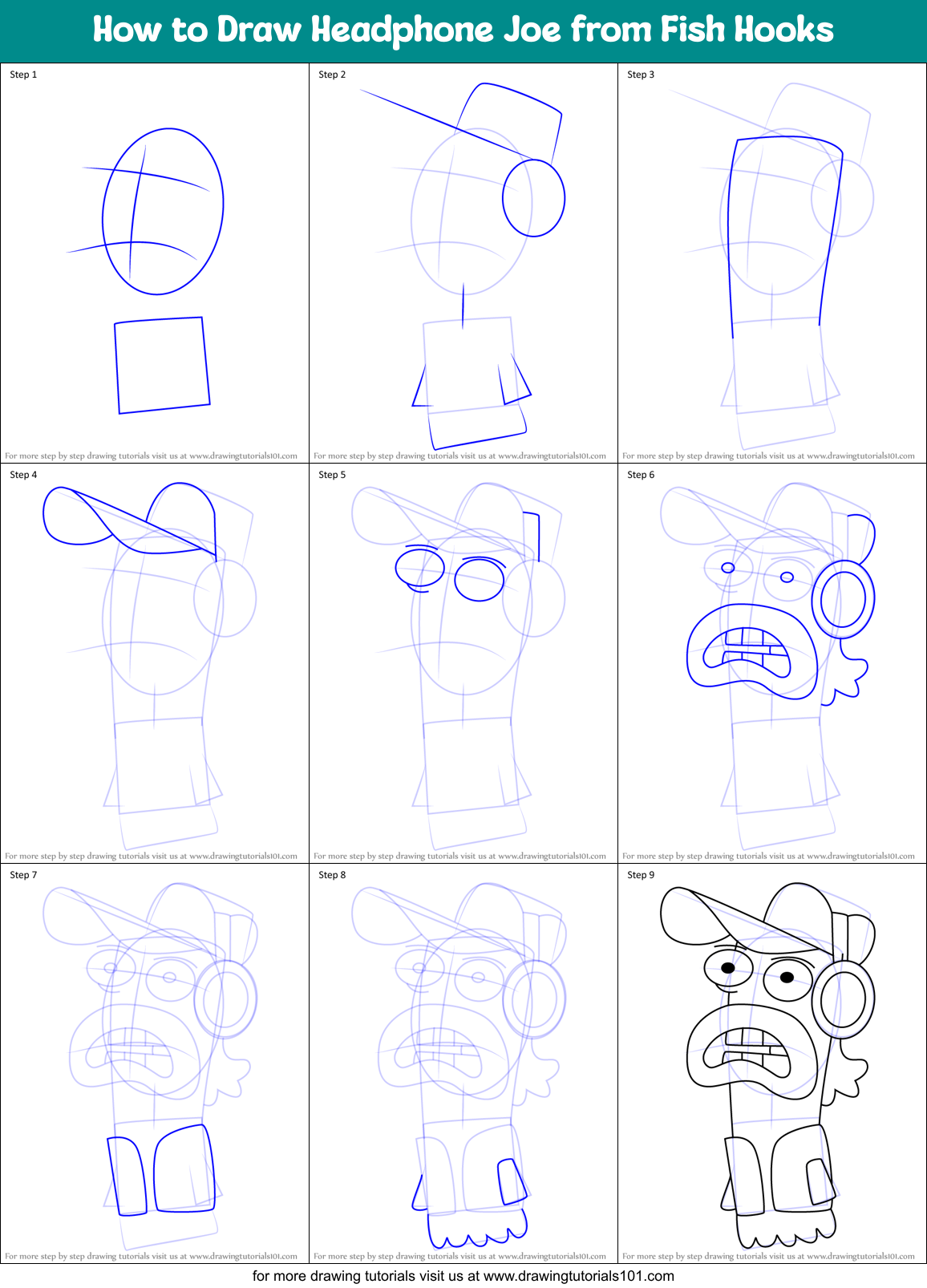 How to Draw Headphone Joe from Fish Hooks Printable Step by Step