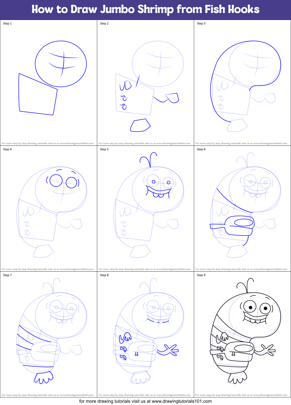 How to Draw Jumbo Shrimp from Fish Hooks Printable Step by Step