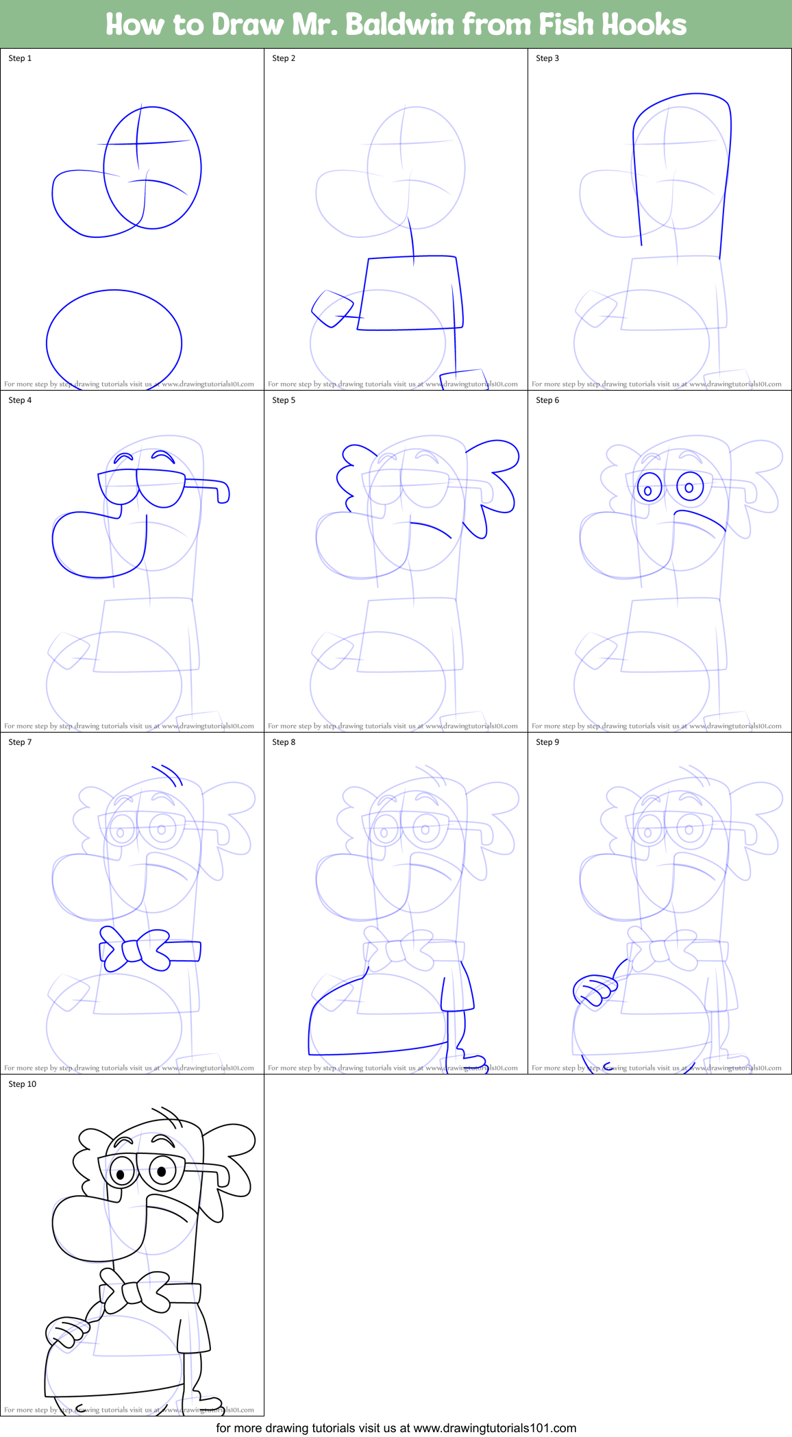 How to Draw Mr. Baldwin from Fish Hooks Printable Step by Step