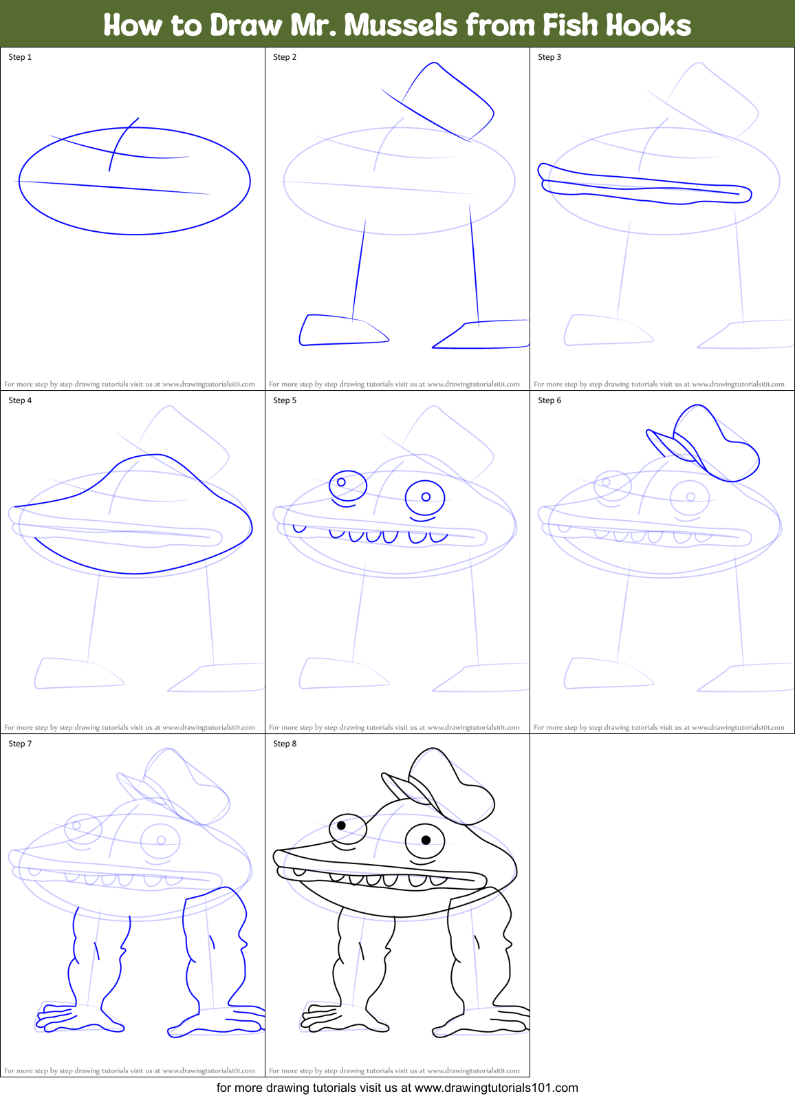 How to Draw Mr. Mussels from Fish Hooks Printable Step by Step
