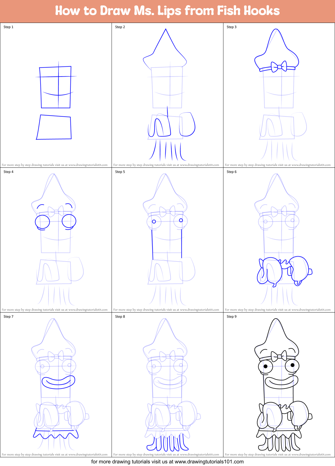 How to Draw Ms. Lips from Fish Hooks Printable Step by Step
