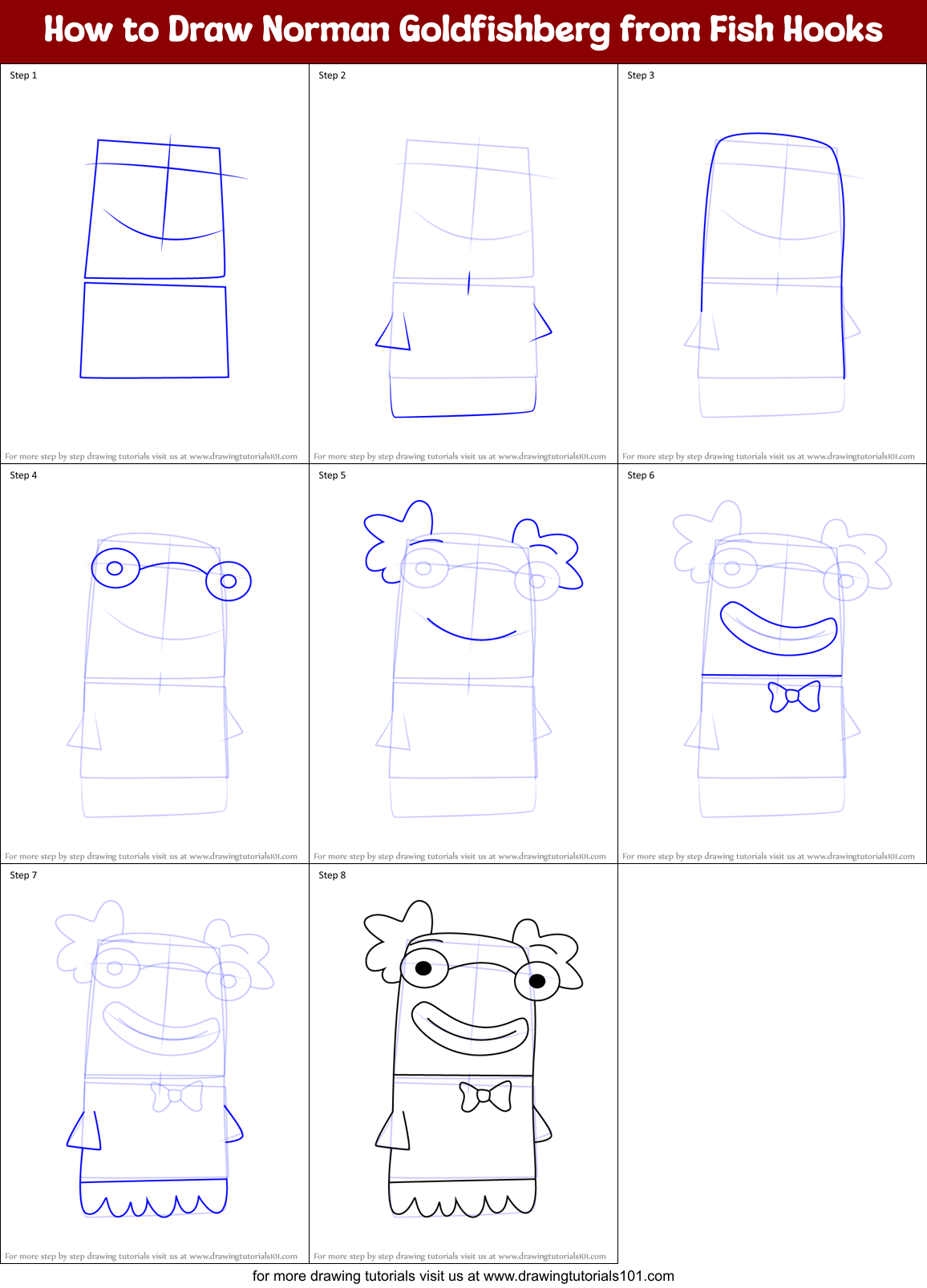 How to Draw Norman Goldfishberg from Fish Hooks Printable Step by Step