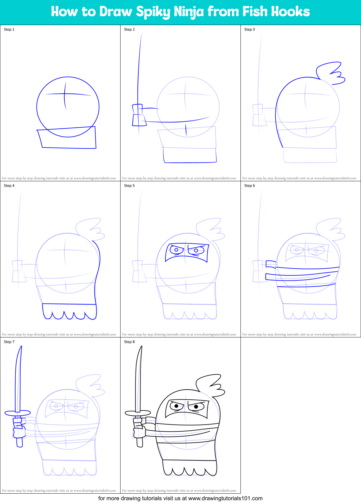 How to Draw Spiky Ninja from Fish Hooks Printable Step by Step