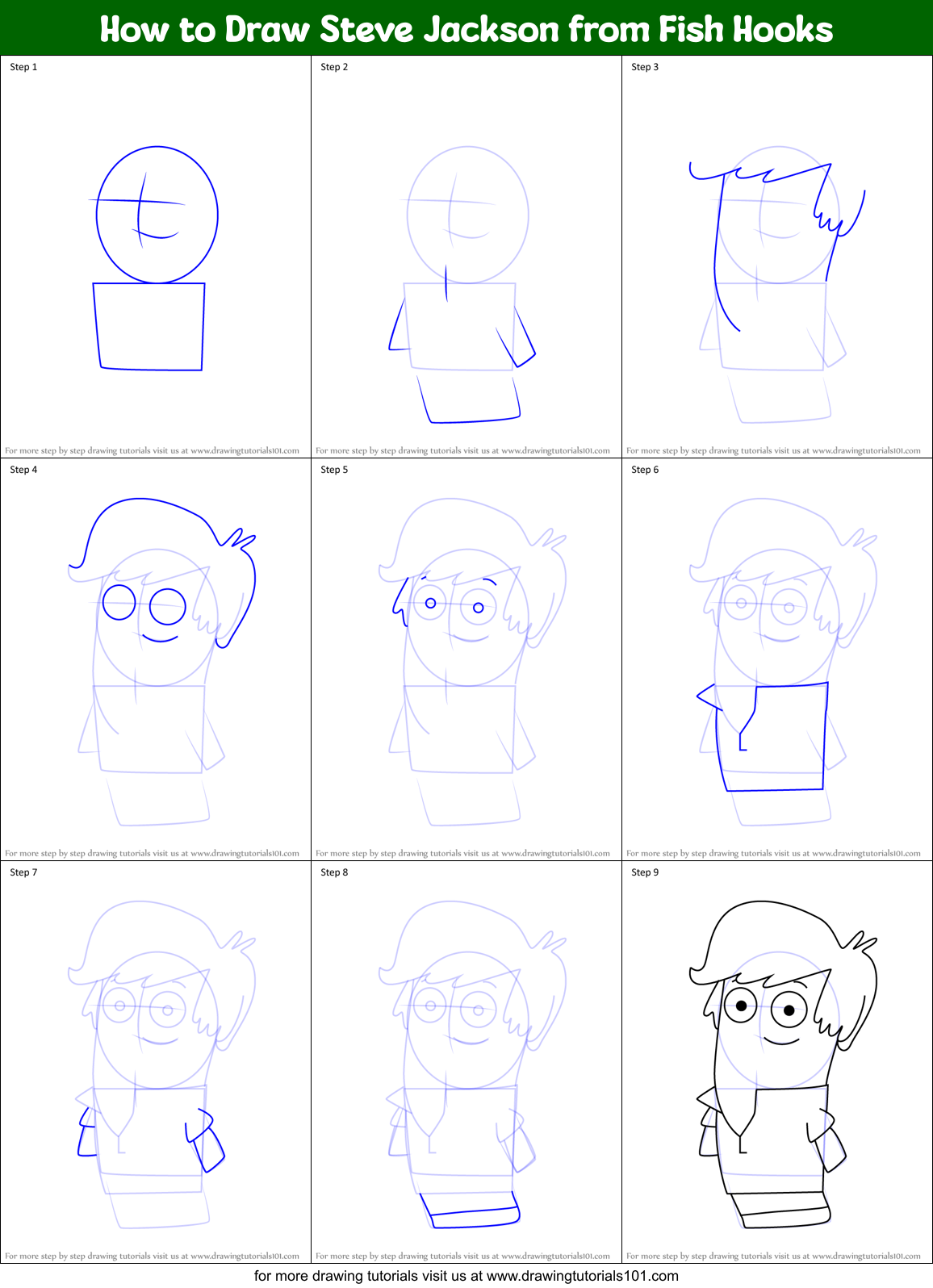 How to Draw Steve Jackson from Fish Hooks Printable Step by Step