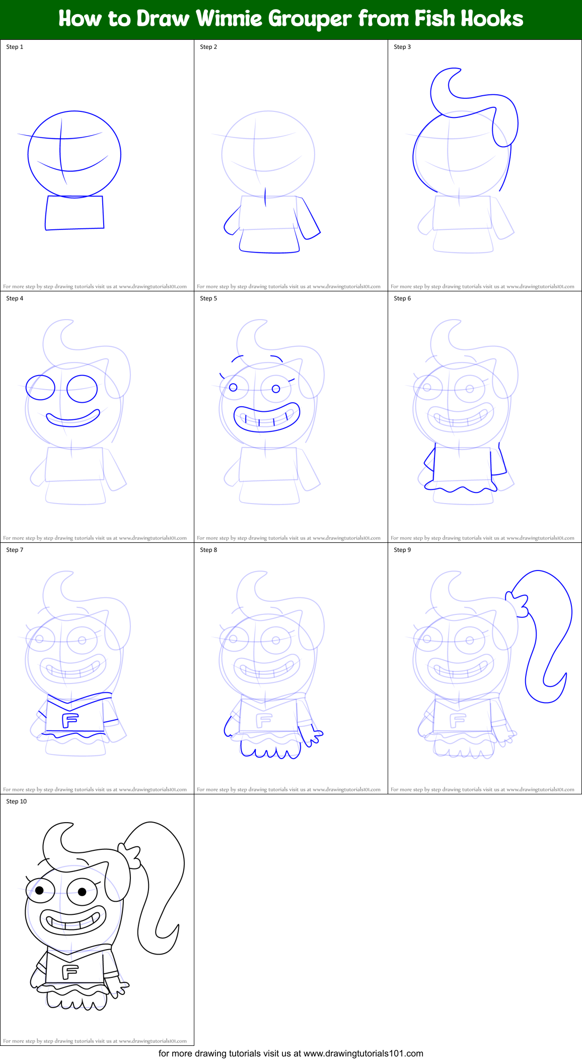 How to Draw Winnie Grouper from Fish Hooks Printable Step by Step