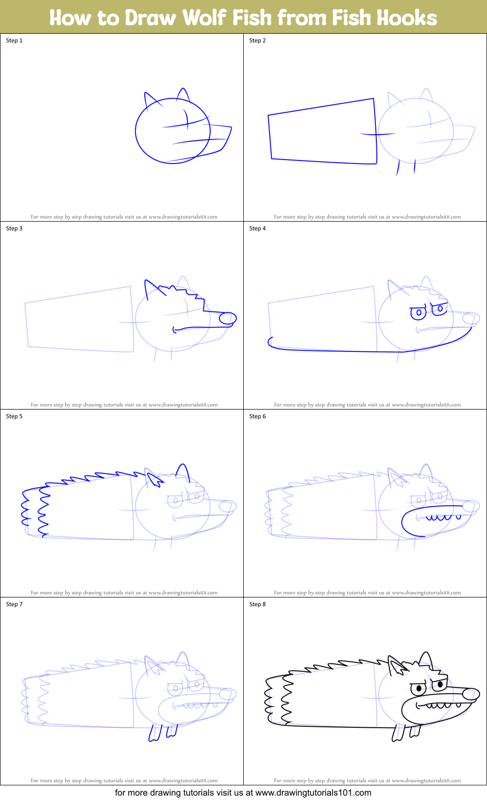 How to Draw Wolf Fish from Fish Hooks Printable Step by Step