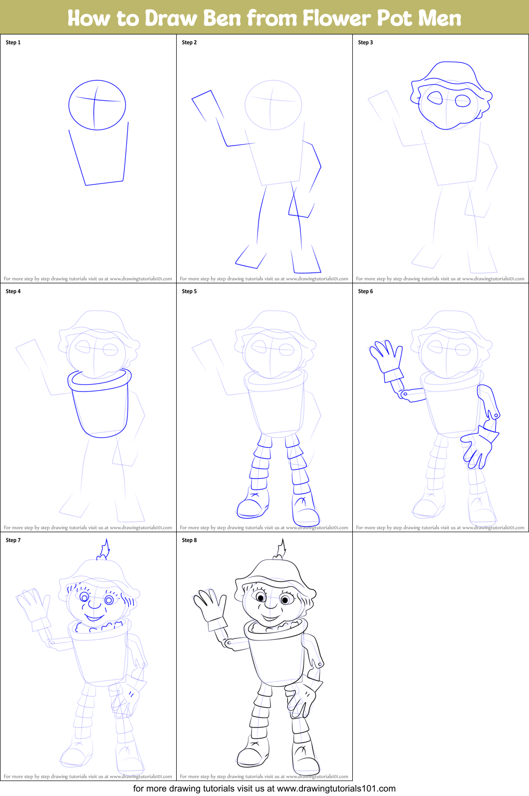 How to Draw Ben from Flower Pot Men Printable Step by Step