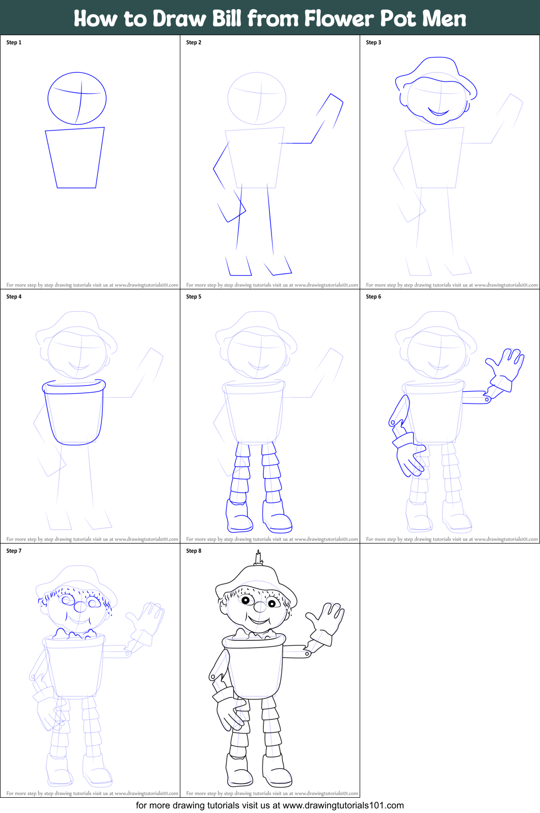 How to Draw Bill from Flower Pot Men Printable Step by Step