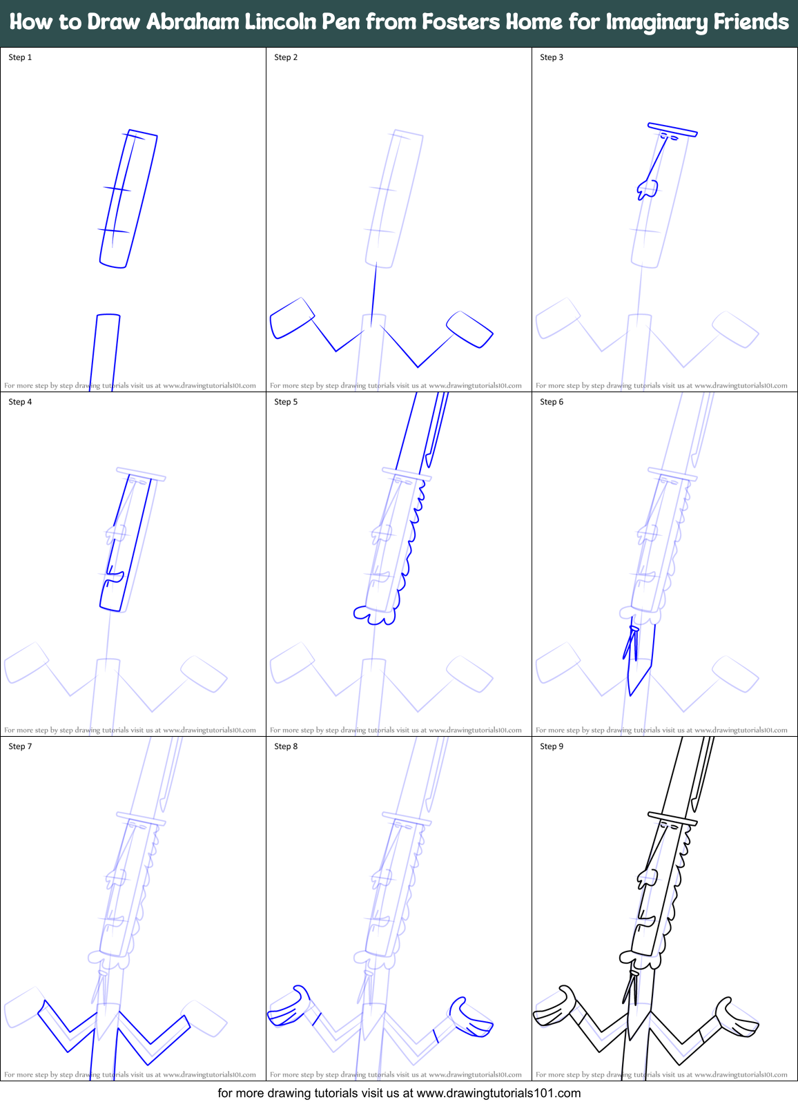 How to Draw Abraham Lincoln Pen from Fosters Home for Imaginary Friends Printable Step by Step