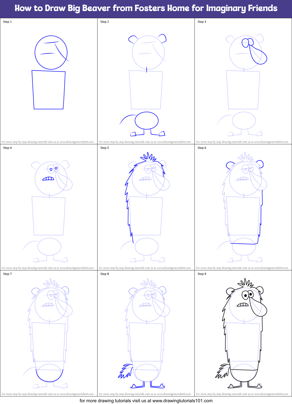 How to Draw Big Beaver from Fosters Home for Imaginary Friends Printable Step by Step