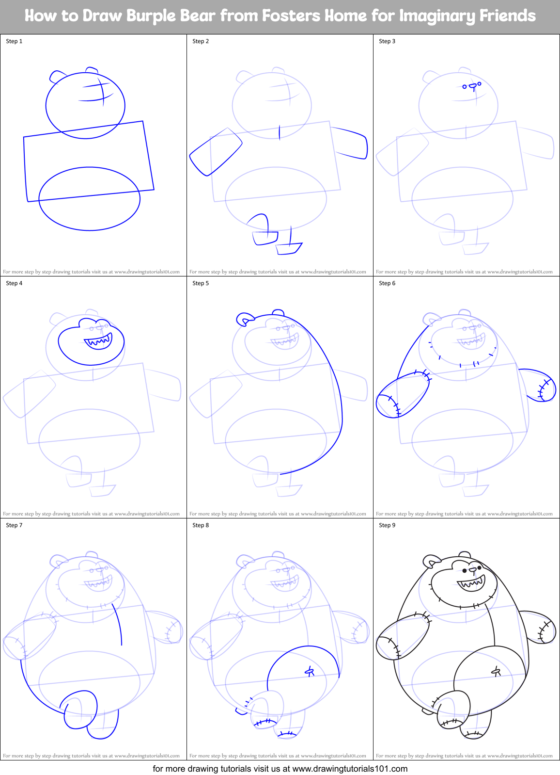 How to Draw Burple Bear from Fosters Home for Imaginary Friends Printable Step by Step
