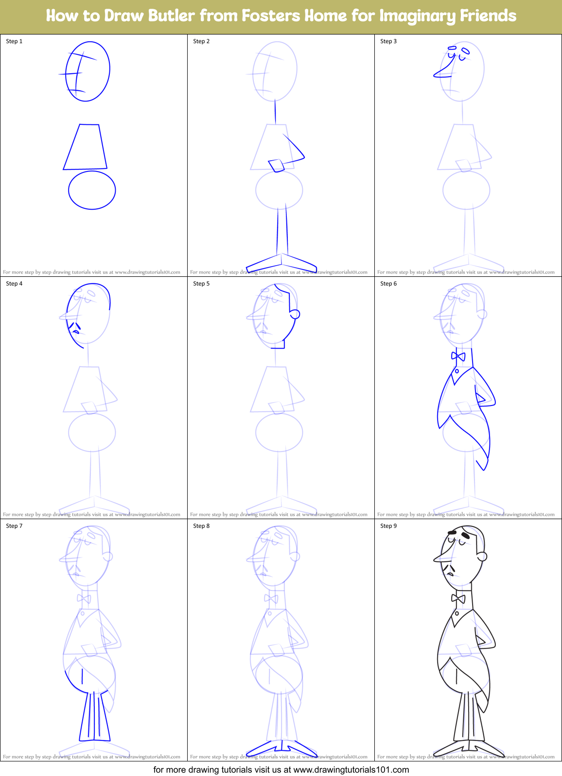 How to Draw Butler from Fosters Home for Imaginary Friends Printable Step by Step