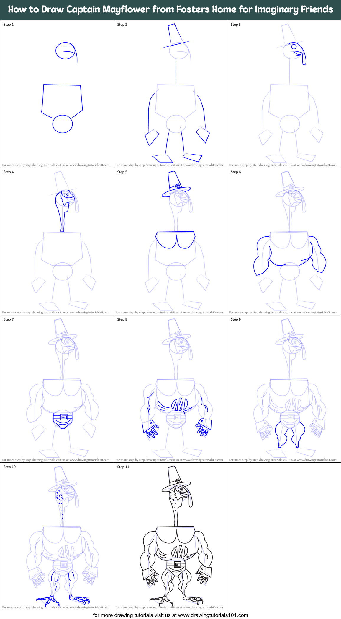 How to Draw Captain Mayflower from Fosters Home for Imaginary Friends Printable Step by Step