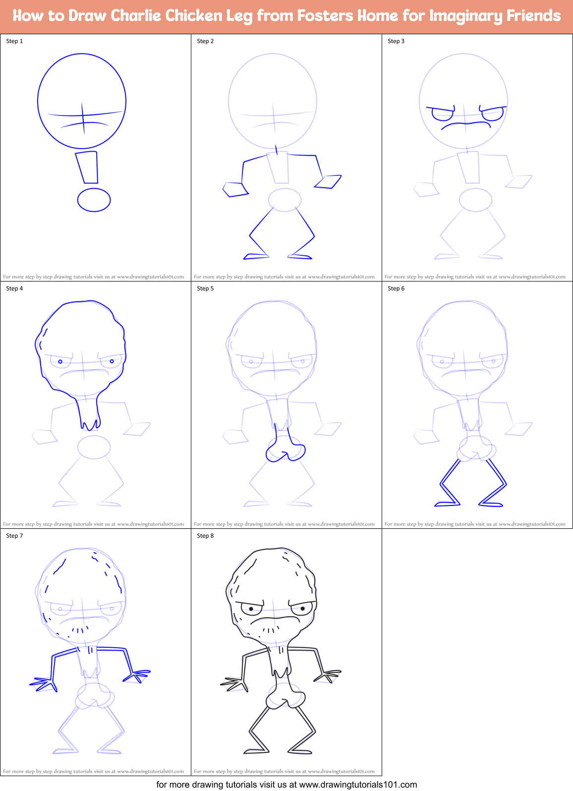 How to Draw Charlie Chicken Leg from Fosters Home for Imaginary Friends Printable Step by Step