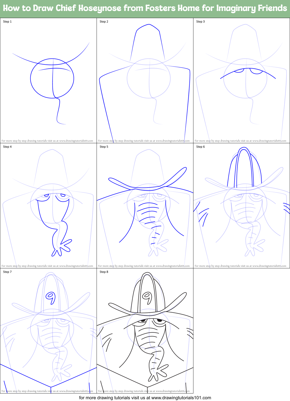 How to Draw Chief Hoseynose from Fosters Home for Imaginary Friends Printable Step by Step